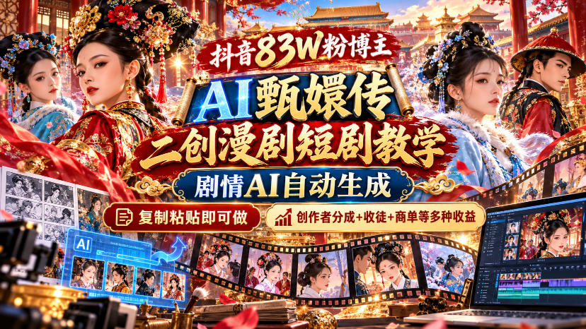 抖音83W粉博主AI甄嬛传二创漫剧短剧教学｜剧情AI自动生成，复制粘贴即可做，各大平台创作者分成+收徒等多种收益-迦哆网创社