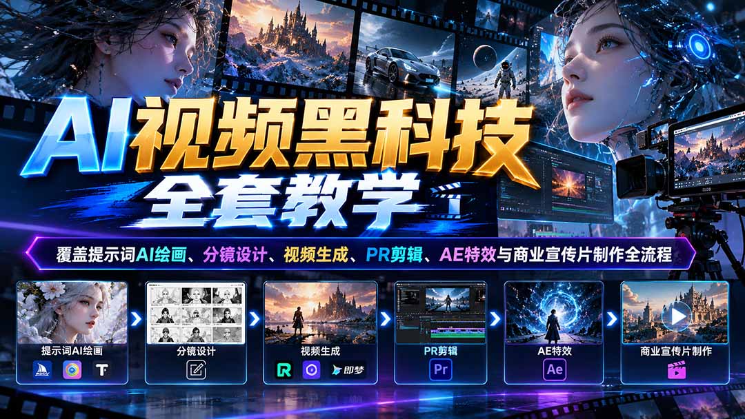 AI视频黑科技全套教学：覆盖提示词AI绘画、分镜设计、视频生成、PR剪辑、AE特效与商业宣传片制作全流程-迦哆网创社