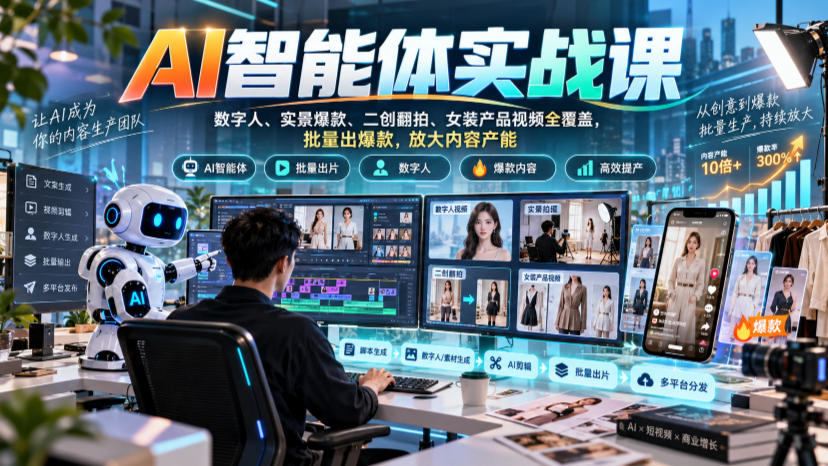 AI智能体实战课，数字人、实景爆款、二创翻拍、女装产品视频全覆盖，批量出爆款，放大内容产能-迦哆网创社