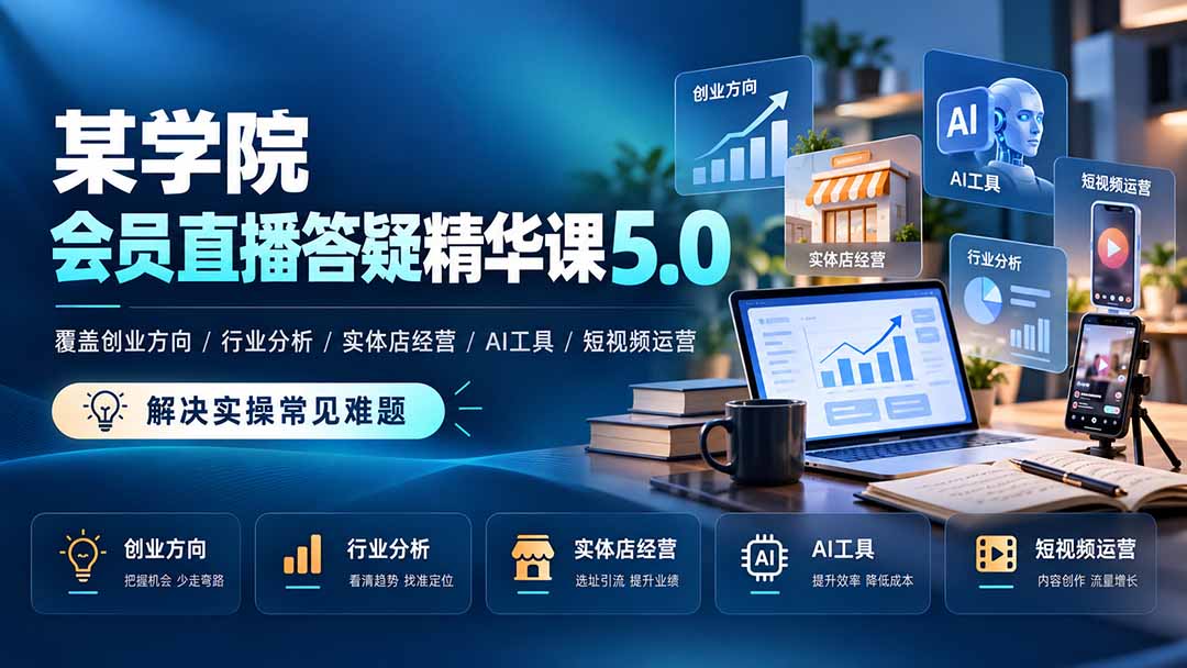 某学院会员直播答疑精华课5.0：覆盖创业方向、行业分析、实体店经营、AI工具和短视频运营，解决实操常见难题！-迦哆网创社