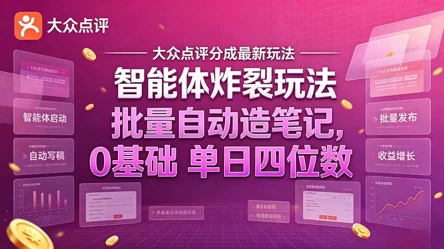 大众点评分成最新智能体炸裂玩法!批量自动造笔记,0基础干到单日四位数-迦哆网创社