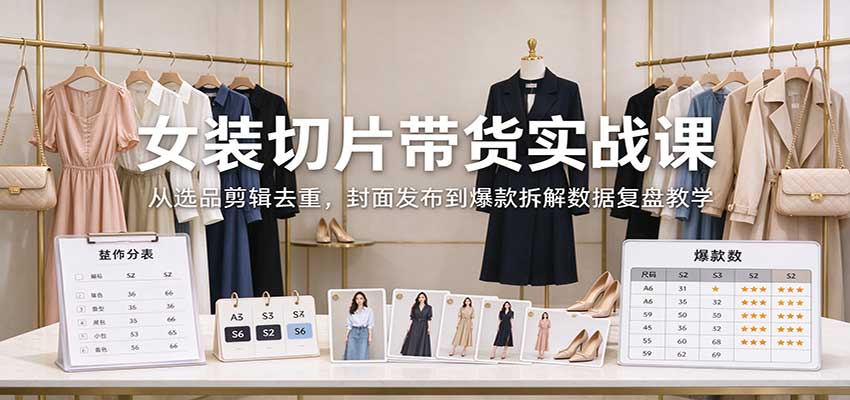 女装切片带货实战课：从选品剪辑去重，封面发布到爆款拆解数据复盘教学-迦哆网创社