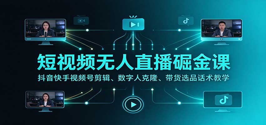 短视频无人直播掘金课：抖音快手视频号剪辑、数字人克隆、带货选品话术教学-迦哆网创社