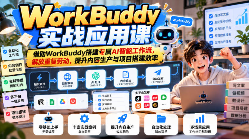 WorkBuddy实战应用课,借助WorkBuddy搭建专属AI智能工作流,解放重复劳动,提升内容生产与项目搭建效率-迦哆网创社