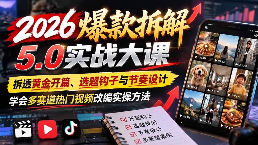 2026爆款拆解5.0实战大课:拆透黄金开篇、选题钩子与节奏设计,学会多赛道热门视频改编实操方法-迦哆网创社