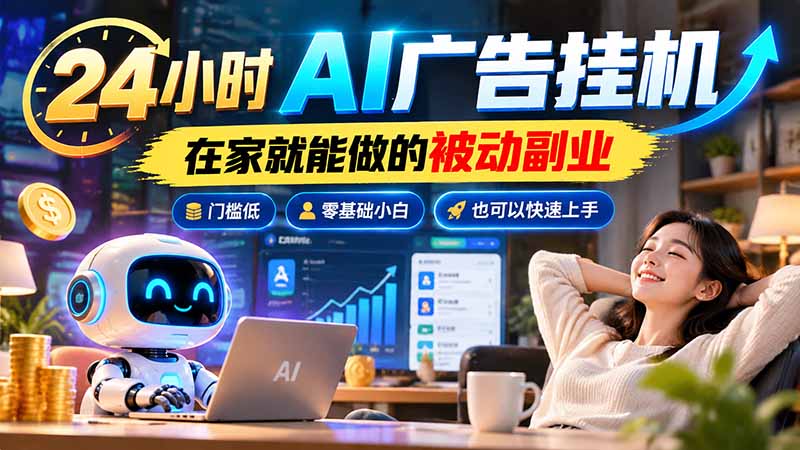 24小时AI广告挂机｜在家就能做的被动副业，门槛低，零基础小白也可以快速上手-迦哆网创社