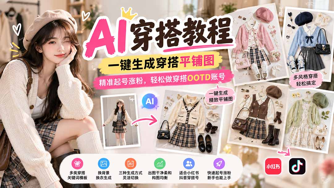 【无水印】AI穿搭教程|一键生成穿搭平铺图,精准起号涨粉,轻松做穿搭OOTD账号-迦哆网创社