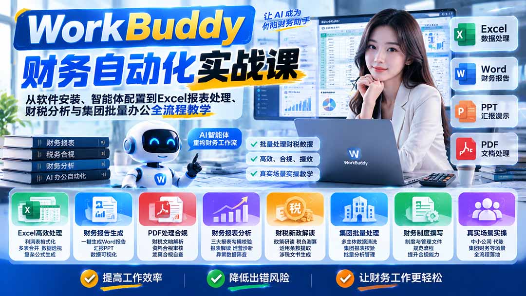WorkBuddy财务自动化实战课:从软件安装、智能体配置到Excel报表处理、财税分析与集团批量办公全流程教学-迦哆网创社