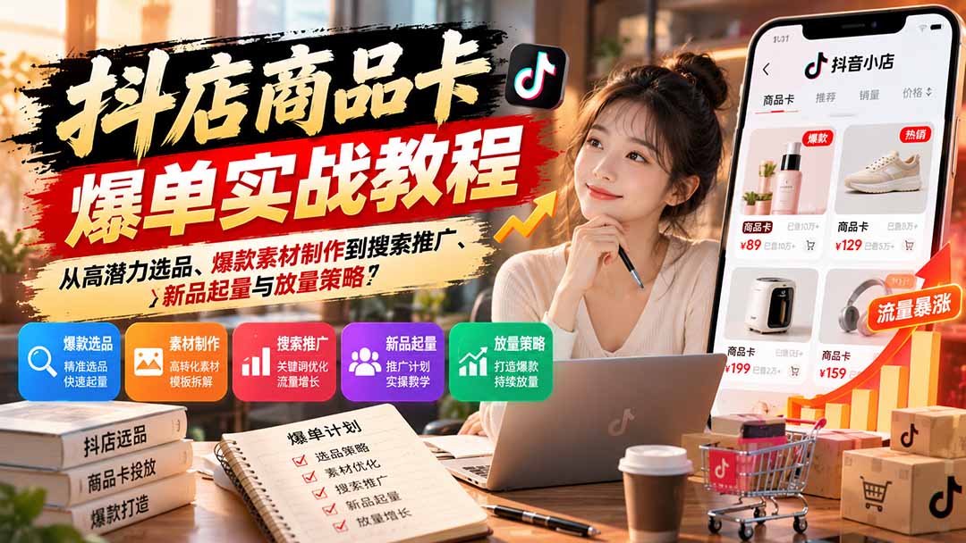 抖店商品卡爆单实战教程:从高潜力选品、爆款素材制作到搜索推广、新品起量与放量策略-迦哆网创社