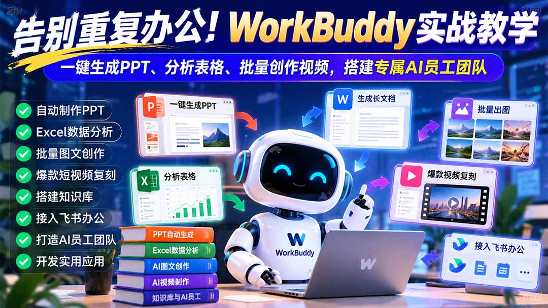 告别重复办公！WorkBuddy实战教学：一键生成PPT、分析表格、批量创作视频，搭建专属AI员工团队-迦哆网创社