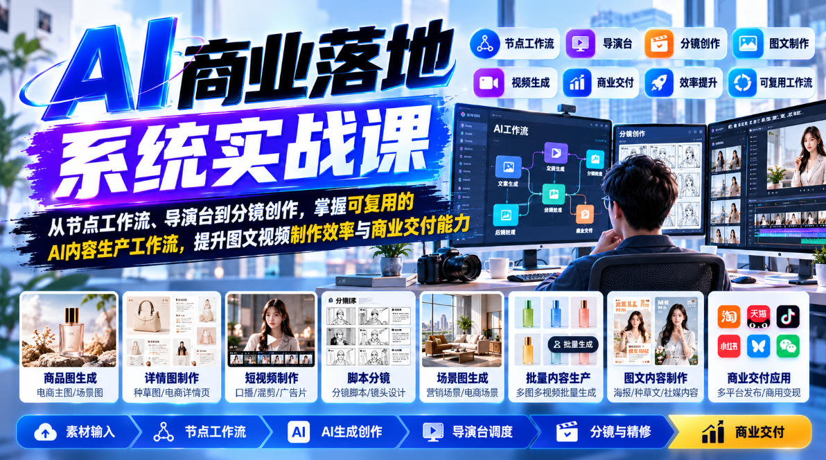 【无水印】AI商业落地系统实战课，从节点工作流、导演台到分镜创作，掌握可复用的AI内容生产工作流，提升图文视频制作效率与商业交付能力-迦哆网创社