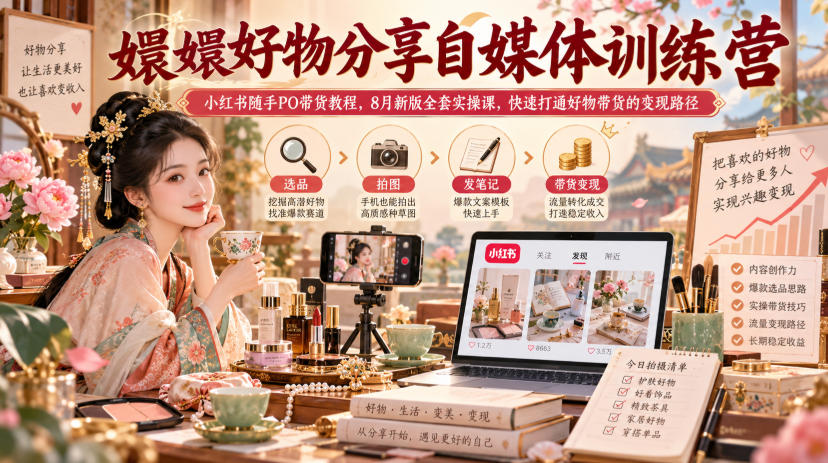 嬛嬛好物分享自媒体训练营|小红书随手PO带货教程,8月新版全套实操课,快速打通好物带货的变现路径