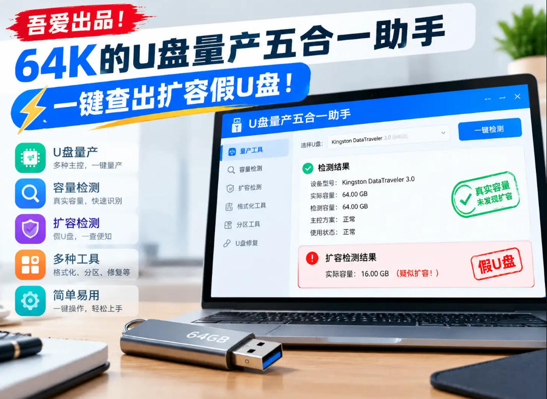 吾爱出品！64K的U盘量产五合一助手，一键查出扩容假U盘！-迦哆网创社