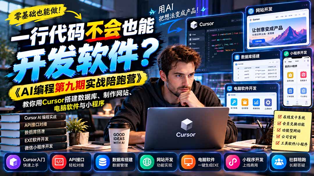 一行代码不会也能开发软件?《AI编程第九期实战陪跑营》教你用Cursor搭建数据库、制作网站、电脑软件与小程序-迦哆网创社