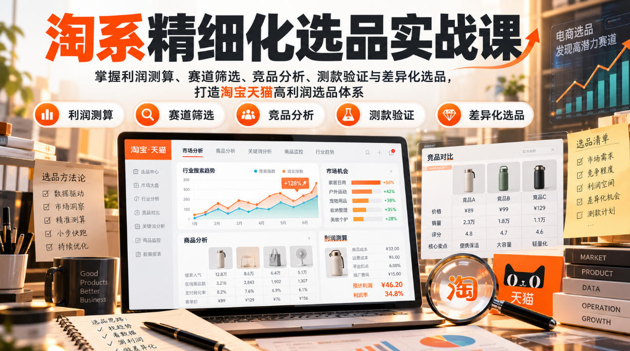 货架电商精细化选品实战课：掌握利润测算、赛道筛选、竞品分析、测款验证与差异化选品，打造淘宝天猫高利润选品体系-迦哆网创社