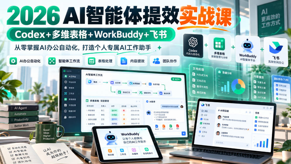 2026 AI智能体提效实战课：Codex+多维表格+WorkBuddy+飞书，从零掌握AI办公自动化，打造个人专属AI工作助手-迦哆网创社