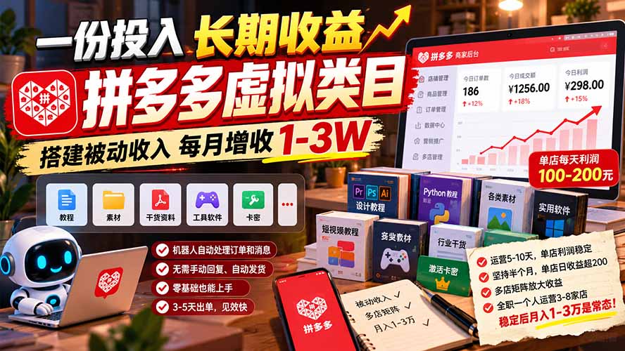 一份投入长期收益，拼多多虚拟类目，搭建被动收入每月增收 1-3W-迦哆网创社
