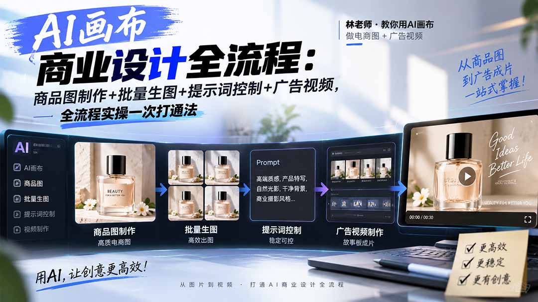 AI画布商业设计全流程-更新1026：商品图制作+批量生图+提示词控制+广告视频，全流程实操一次打通法-迦哆网创社