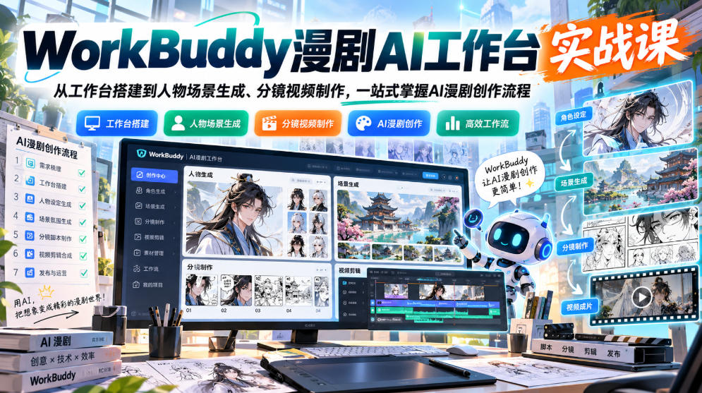 WorkBuddy漫剧AI工作台实战课：从工作台搭建到人物场景生成、分镜视频制作，一站式掌握AI漫剧创作流程-迦哆网创社