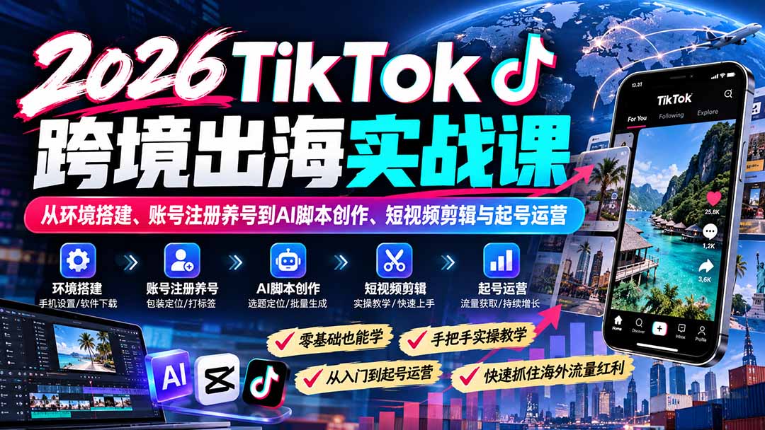 2026TikTok跨境出海实战课：从环境搭建、账号注册养号到AI脚本创作、短视频剪辑与起号运营-迦哆网创社