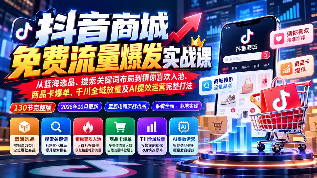 抖店城免费流量爆发实战-更新：蓝海选品、搜索关键词布局到猜你喜欢入池、商品卡爆单、千川全域放量及AI提效完整打法-迦哆网创社