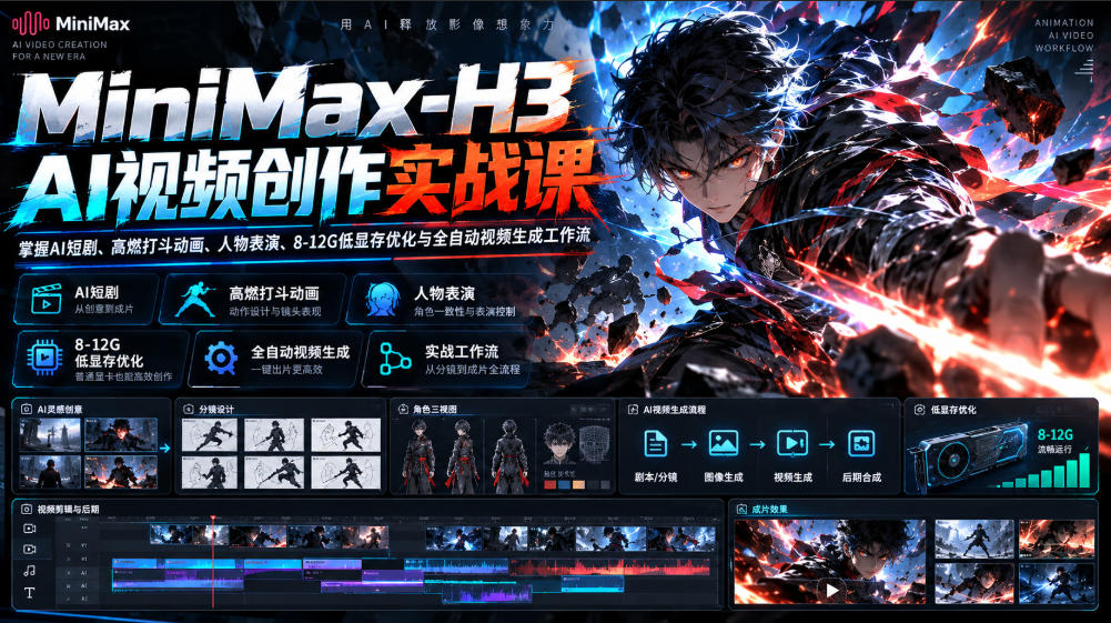 MiniMax-H3 AI视频创作实战课，掌握AI短剧、高燃打斗动画、人物表演、8-12G低显存优化与全自动视频生成工作流-迦哆网创社