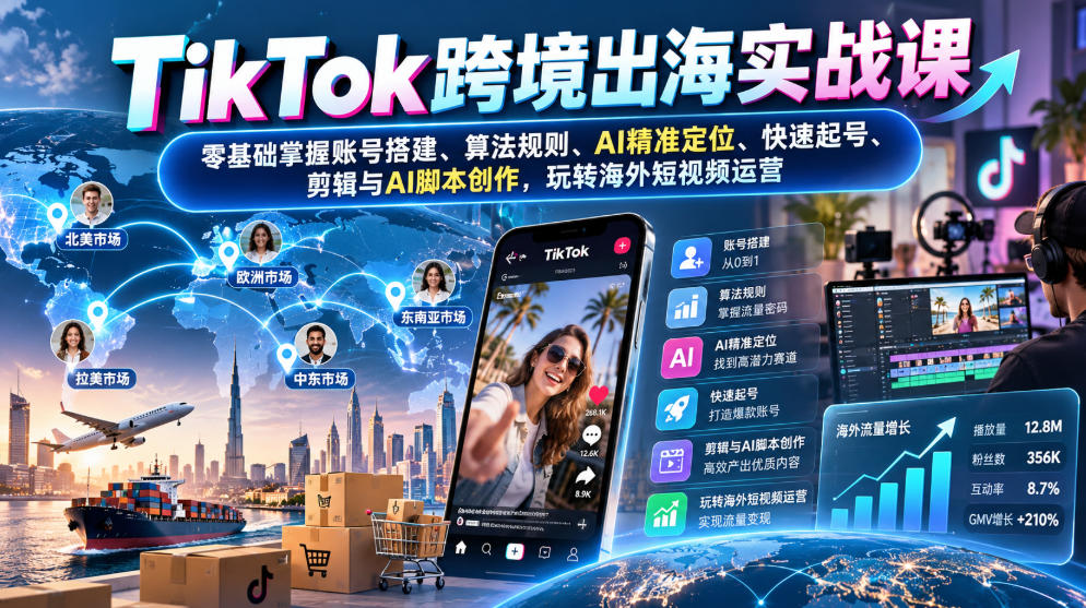 TikTok跨境出海实战课：零基础掌握账号搭建、算法规则、AI精准定位、快速起号、剪辑与AI脚本创作，玩转海外短视频运营-迦哆网创社