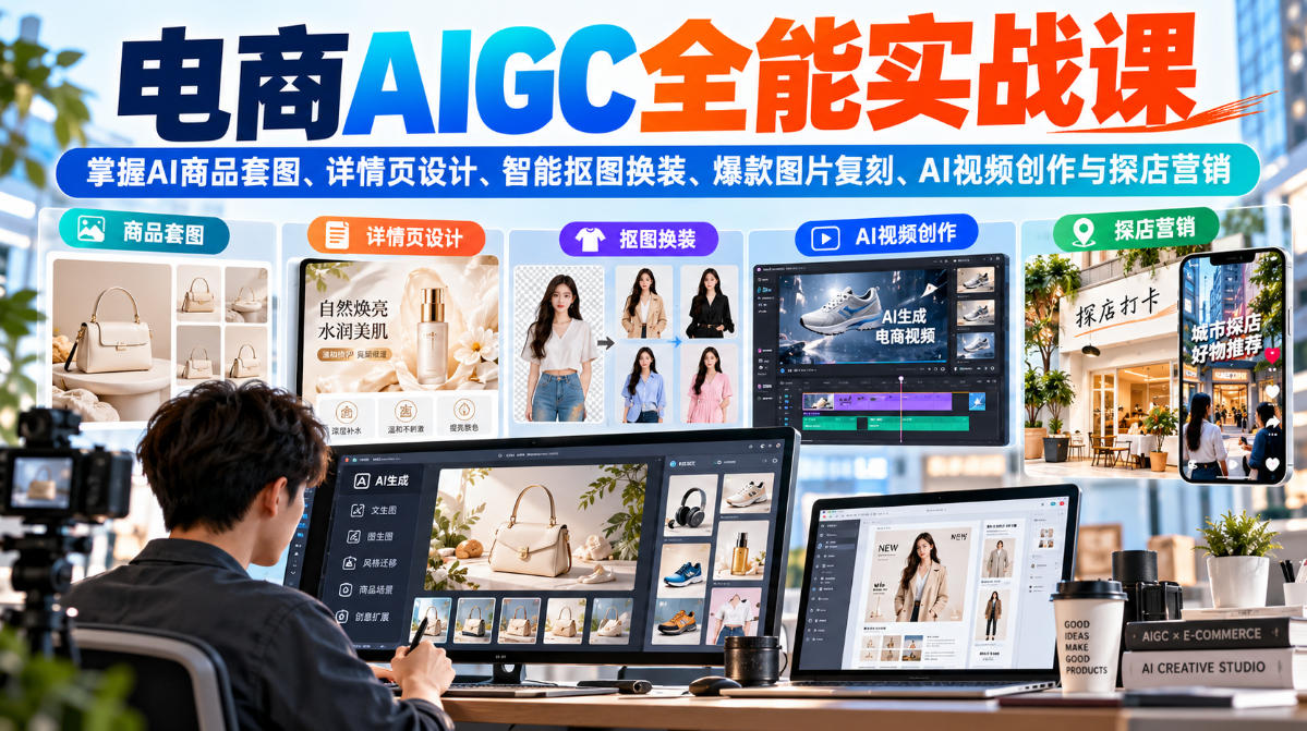 电商AIGC全能实战课：掌握AI商品套图、详情页设计、智能抠图换装、爆款图片复刻、AI视频创作与探店营销-迦哆网创社