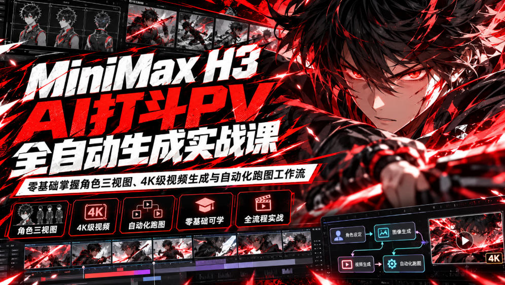 MiniMax H3 AI打斗PV全自动生成实战课：零基础掌握角色三视图、4K级视频生成与自动化跑图工作流-迦哆网创社