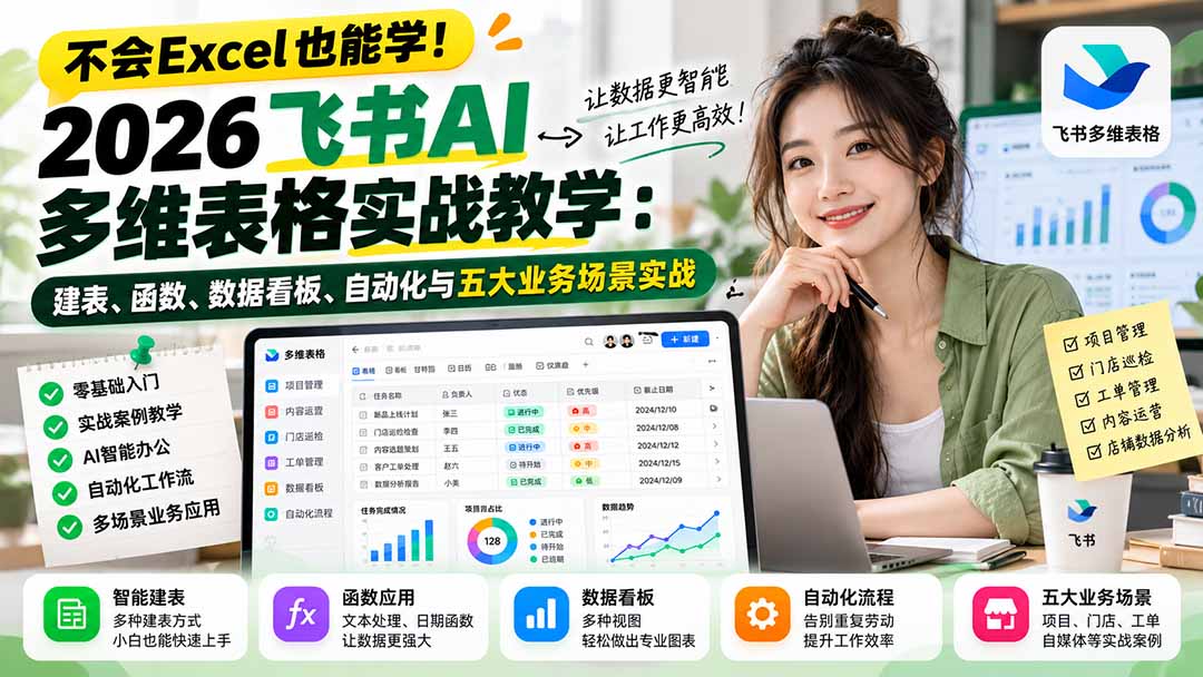 不会Excel也能学！2026飞书AI多维表格实战教学：建表、函数、数据看板、自动化与五大业务场景实战-迦哆网创社