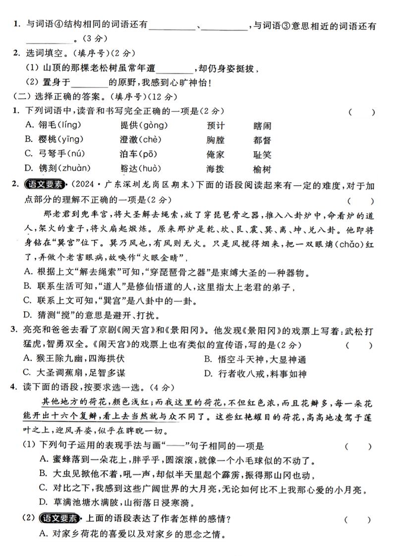 2024-2025学年五下语文第一月度精品测验卷-迦哆网创社
