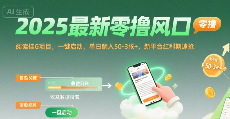 2025最新零撸风口，阅读挂G项目，一键启动，单日躺入 50-3张+，新平台红利期速抢【揭秘】-迦哆网创社