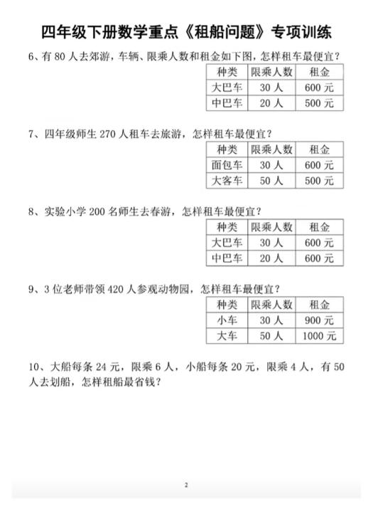 四下数学人教版《租船问题》专项训练-迦哆网创社
