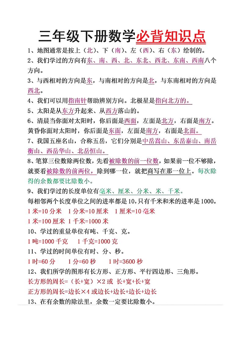 三下数学必背26个重点知识-迦哆网创社
