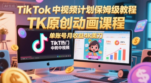TikTok中视频计划保姆级教程，TK原创动画课程，单账号月收益4k美刀-迦哆网创社