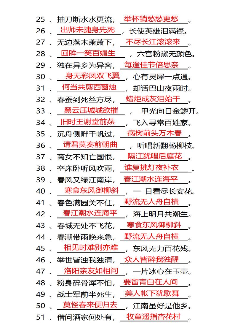四年级下语文常考古诗词填空100题有答案-迦哆网创社