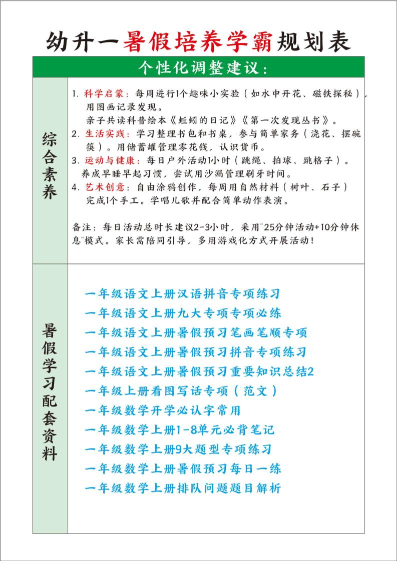 幼升一暑假培养学霸规划表-一上语文-迦哆网创社