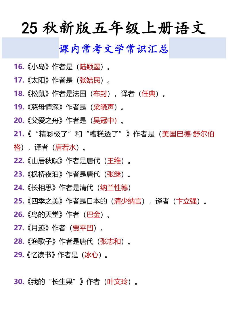 【2025秋新版】五年级上册语文课内常考文学常识汇总-迦哆网创社