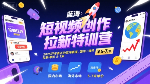 短视频创作拉新特训营，2025开年真正的蓝海赛道，国内+海外，拉新单价5-7米-迦哆网创社