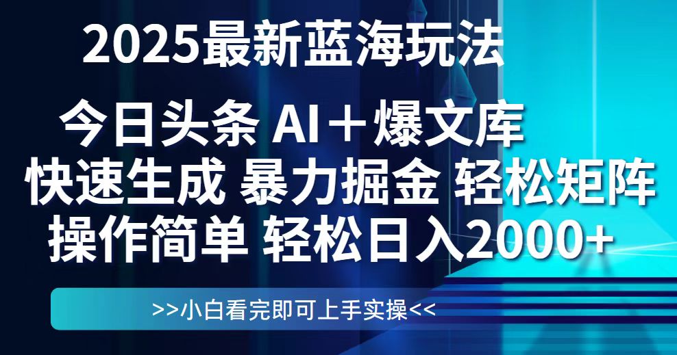 今日头条2025最新蓝海玩法，思路简单，复制粘贴，轻松实现矩阵日入2000+-迦哆网创社