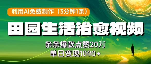 利用AI免费制作田园生活治愈视频，条条爆款点赞20W，单日变现几张-迦哆网创社