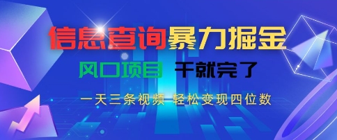 信息查询暴力掘金，一天三条视频，轻松变现四位数，风口项目干就完了【揭秘】-迦哆网创社