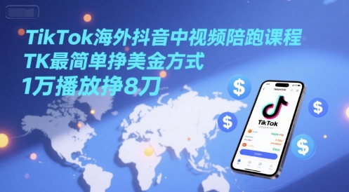 TikTok海外抖音中视频陪跑课程，TK最简单挣美金方式，1万播放挣8刀-迦哆网创社
