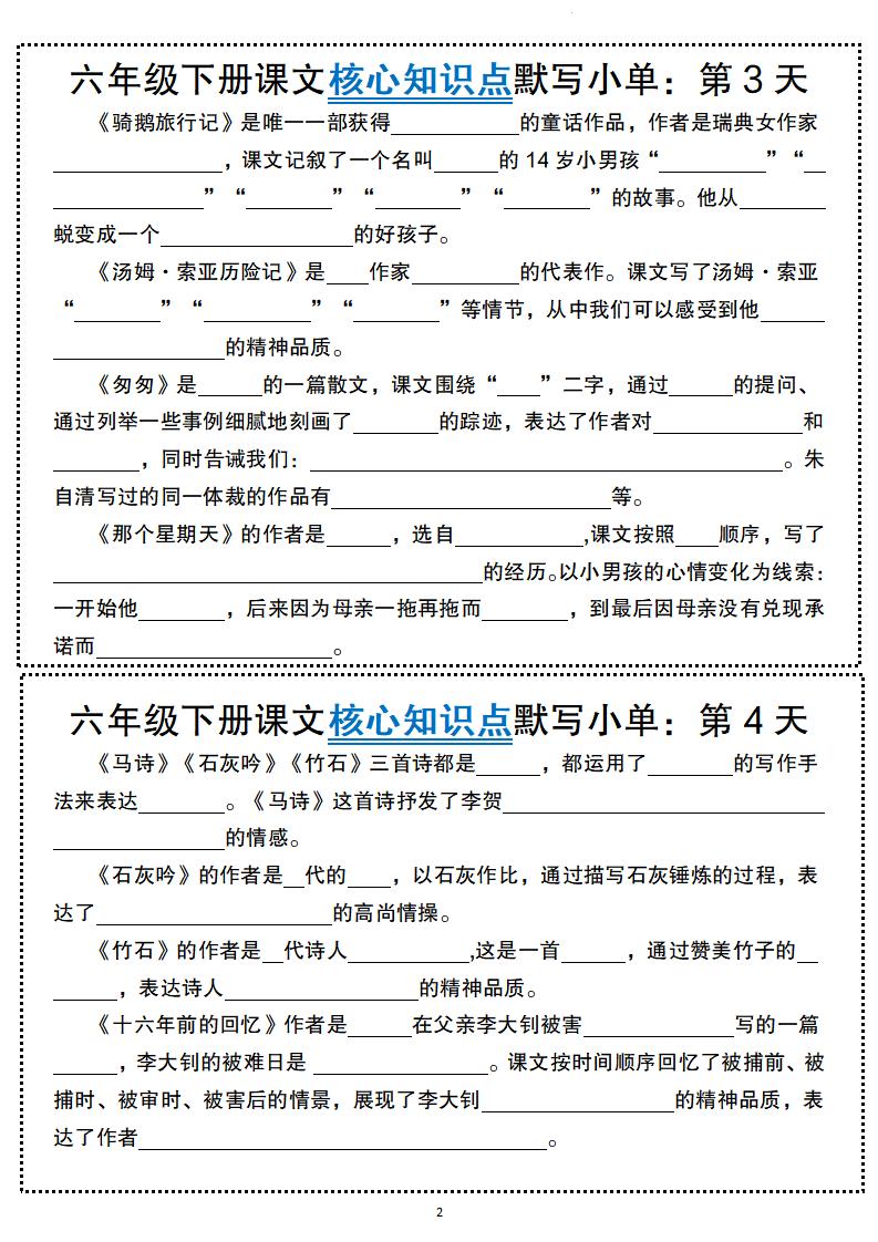 六年级下册语文课文核心知识点默写小单-迦哆网创社