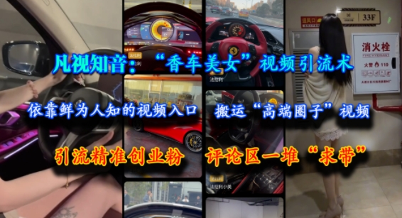 凡视知音：“香车美女”视频引流术，依靠鲜为人知的视频入口，搬运“高端圈子”视频，引流精准创业粉，评论区一堆“求带”-迦哆网创社