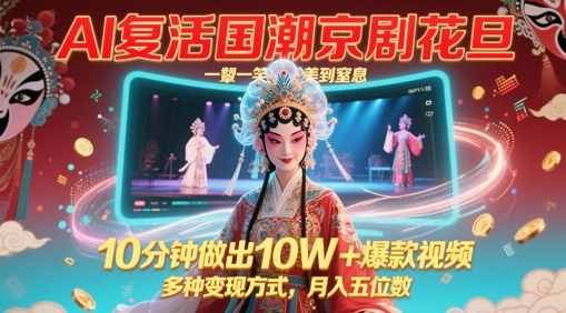 AI复活国潮京剧花旦，一颦一笑美到窒息，10分钟做出10W+爆款视频，多种变现方式，月入五位数-迦哆网创社
