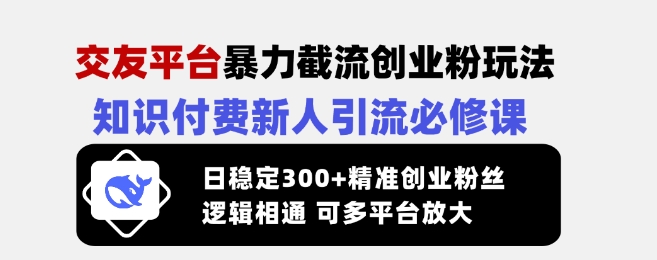 交友平台暴力截流创业粉玩法，知识付费新人引流必修课，日稳定300+精准创业粉丝，逻辑相通可多平台放大-迦哆网创社