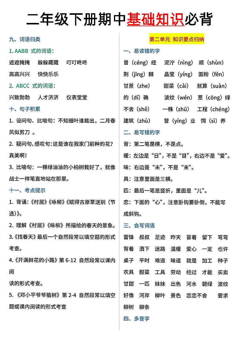 二年级语文下册期中基础知识必背5页-迦哆网创社