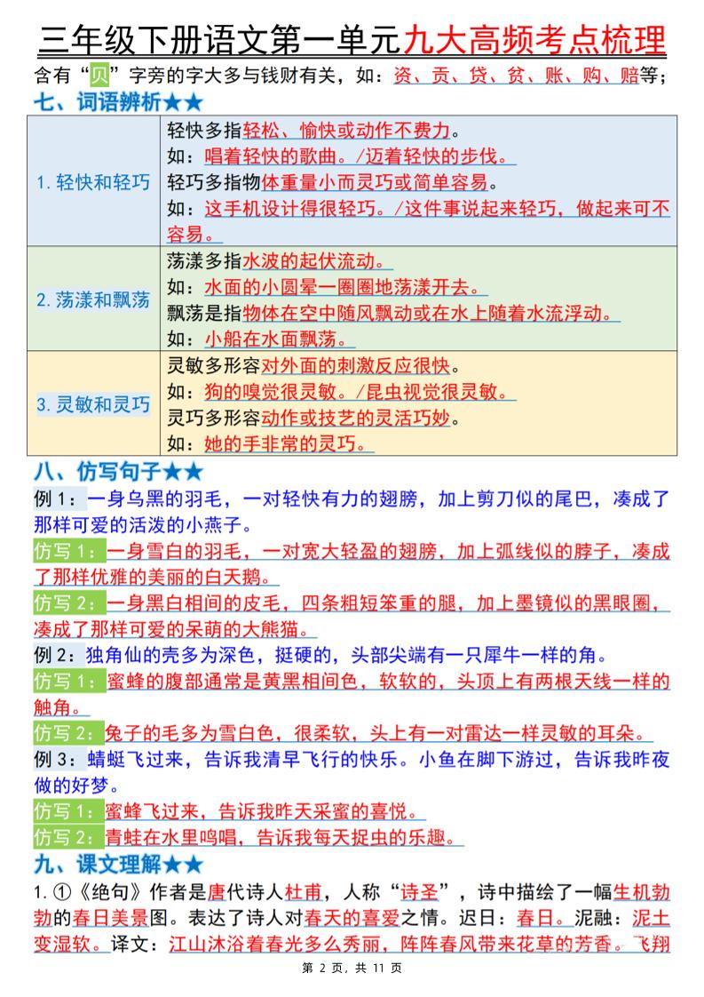 三下语文期中复习1-4单元高频考点梳理（11页）-迦哆网创社
