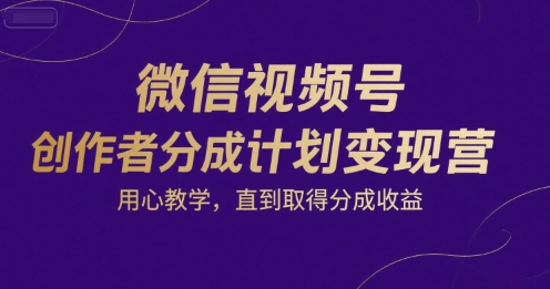 微信视频号创作者分成计划变现营，用心教学，直到取得分成收益-迦哆网创社